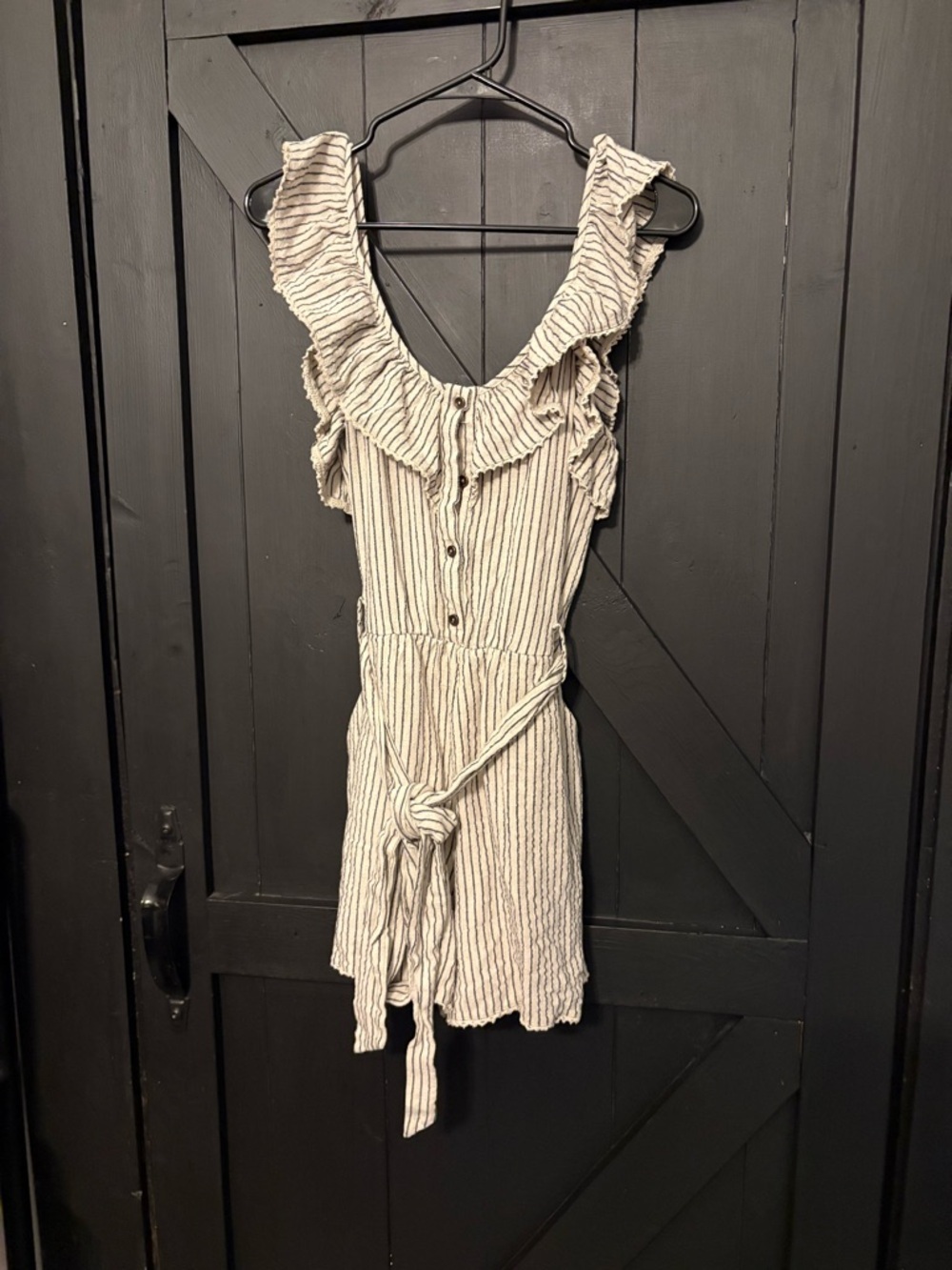 Striped Sleeveless Ruffled Romper - Cream
